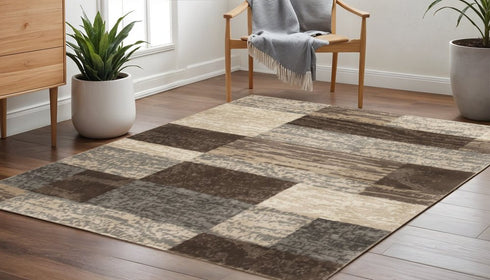 12' Beige Slate Gray And Brown Patchwork Runner Rug